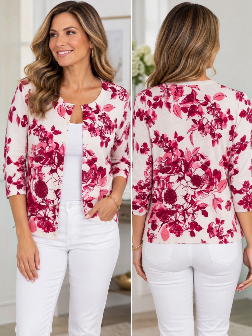 Mercer Street Studio Floral Cardigan Womens L Pink Burgundy 3/4 Sleeve Cotton